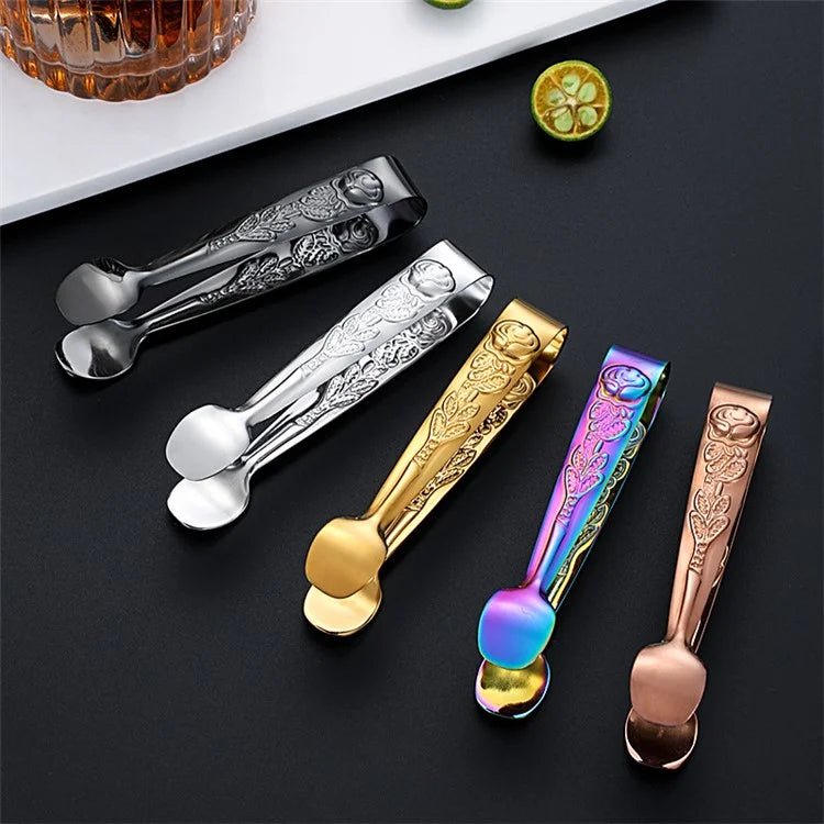 Ice Cube Clip 304 Stainless Steel Rose Pattern Mini Food Tongs (BPA Free, No FDA)