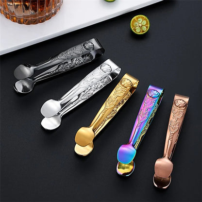 Ice Cube Clip 304 Stainless Steel Rose Pattern Mini Food Tongs (BPA Free, No FDA)