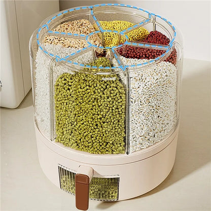 Removable Rotating Grain Storage Box 6 Grids Rice Bucket Moisture-Proof Insect-Proof Sealed Food Dispenser 6.5L (BPA-Free, NO FDA Certificate)