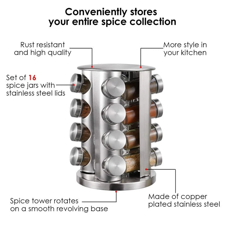 16Pcs Clear Glass Spice Jar Set with 360 Degree Rotating Base Kitchen Condiment Container (BPA Free, No FDA)