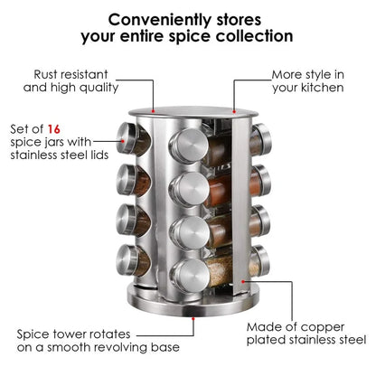 16Pcs Clear Glass Spice Jar Set with 360 Degree Rotating Base Kitchen Condiment Container (BPA Free, No FDA)
