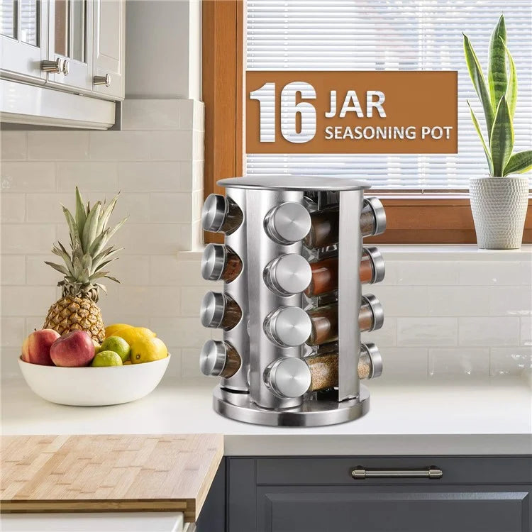 16Pcs Clear Glass Spice Jar Set with 360 Degree Rotating Base Kitchen Condiment Container (BPA Free, No FDA)