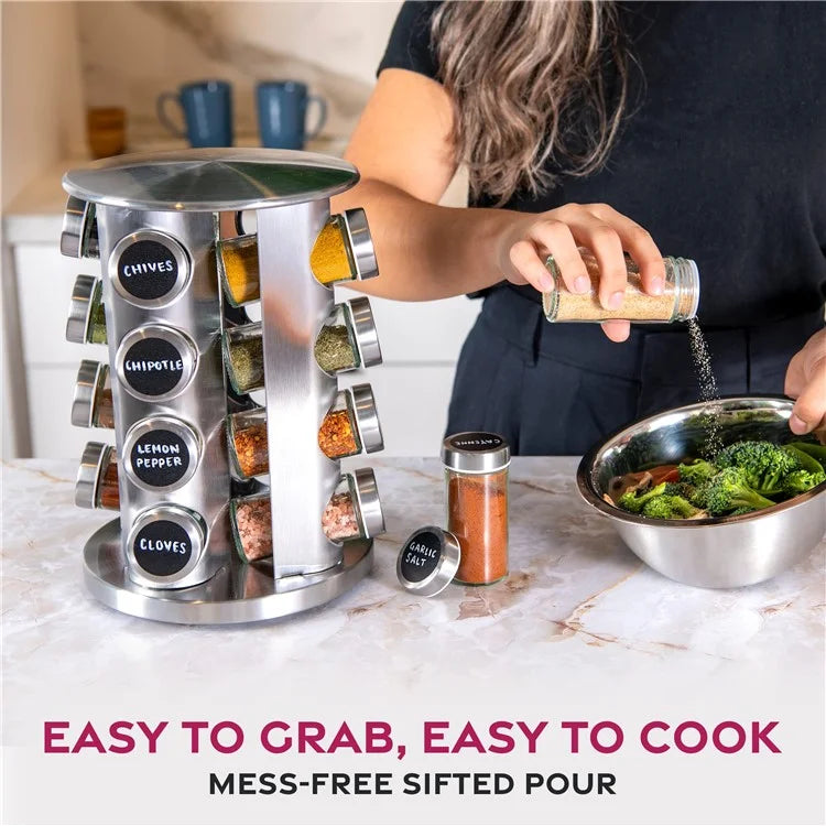 16Pcs Clear Glass Spice Jar Set with 360 Degree Rotating Base Kitchen Condiment Container (BPA Free, No FDA)