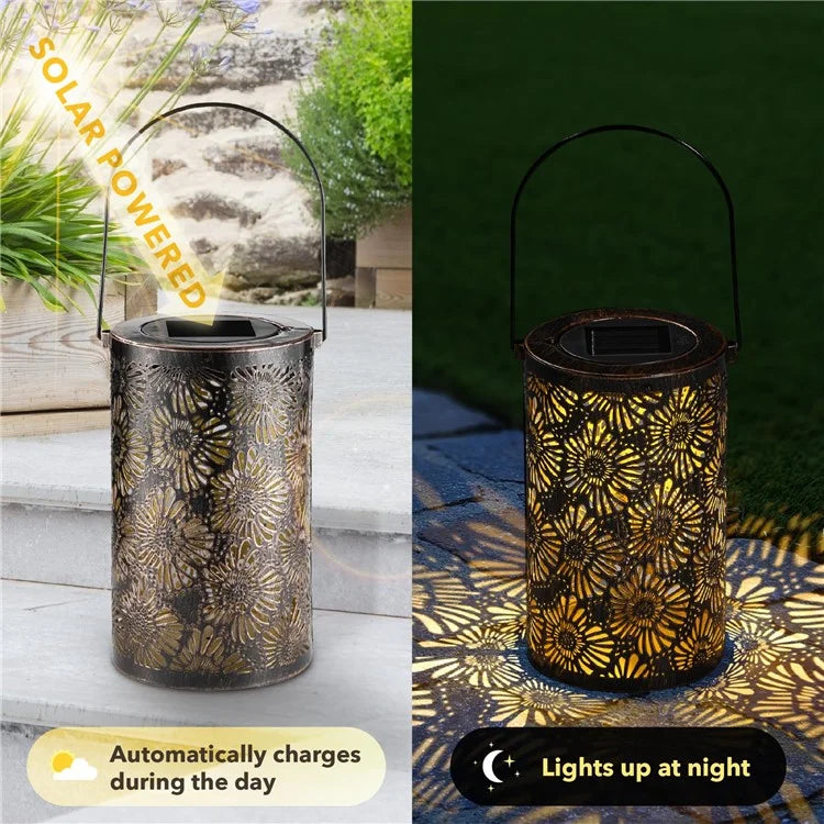 3D Dynamic Chrysanthemum Hollow Out Metal Outdoor Hanging Light Garden Solar Lantern, Size S