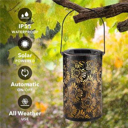 3D Dynamic Chrysanthemum Hollow Out Metal Outdoor Hanging Light Garden Solar Lantern, Size S