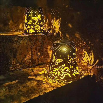 Trapezoidal Garden Solar Lantern Butterfly Hollow Out Iron Art Outdoor Hanging Light