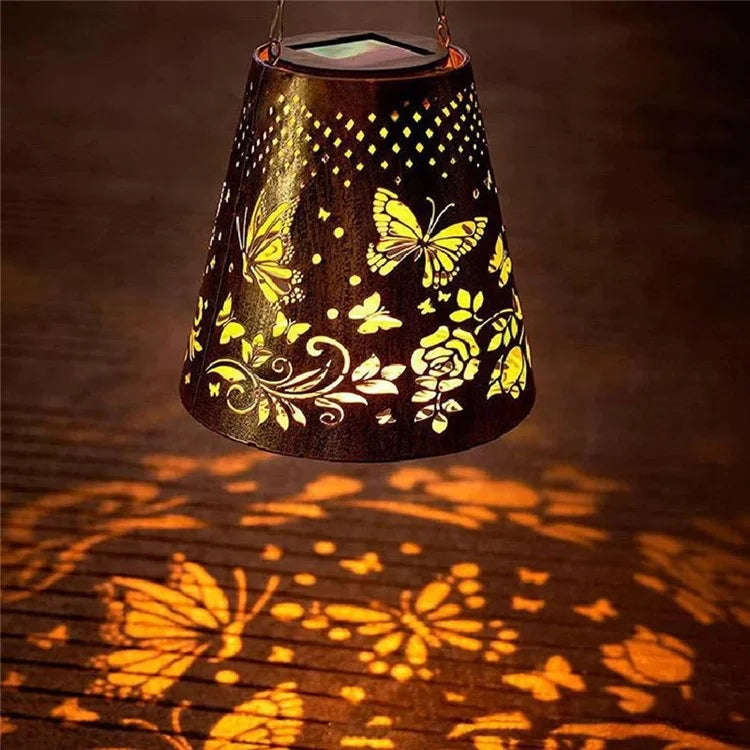 Trapezoidal Garden Solar Lantern Butterfly Hollow Out Iron Art Outdoor Hanging Light