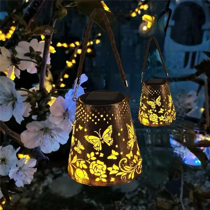 Trapezoidal Garden Solar Lantern Butterfly Hollow Out Iron Art Outdoor Hanging Light