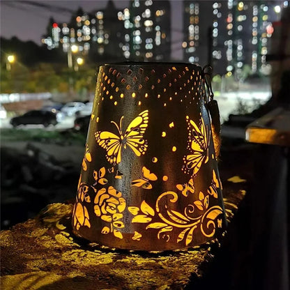Trapezoidal Garden Solar Lantern Butterfly Hollow Out Iron Art Outdoor Hanging Light