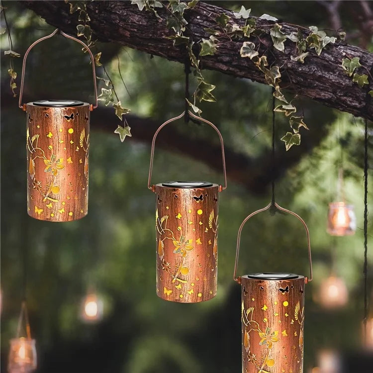 Hummingbird Hollow Out Metal Outdoor Hanging Light Decorative Garden Solar Lantern, Size S