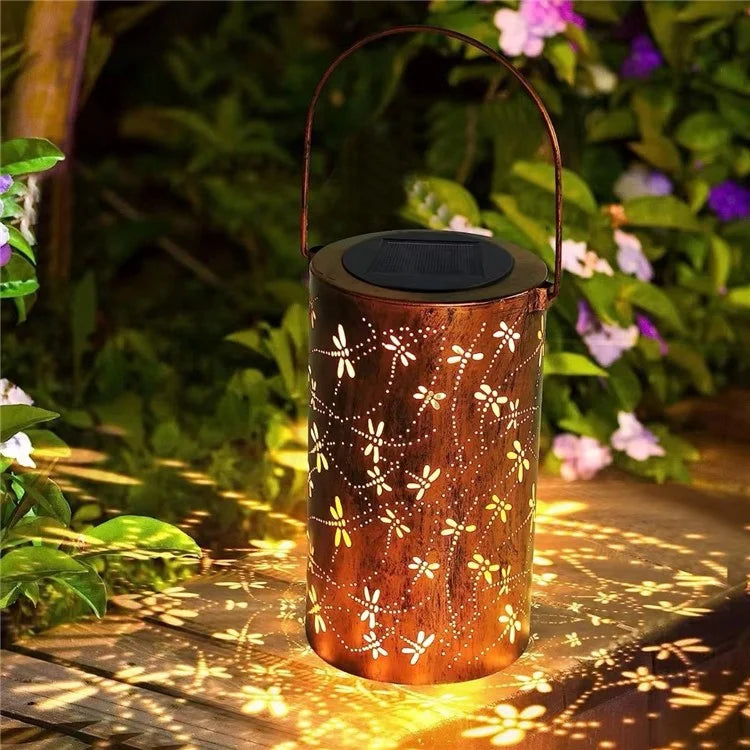 Dragonfly Solar Lantern Hollow Out Metal Outdoor Hanging Light Garden Decor, Size S