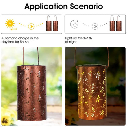Dragonfly Solar Lantern Hollow Out Metal Outdoor Hanging Light Garden Decor, Size S