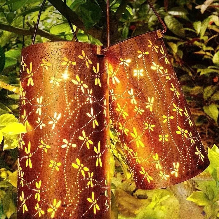 Dragonfly Hollow Out Metal Outdoor Hanging Light Decorative Garden Solar Lantern, Size L
