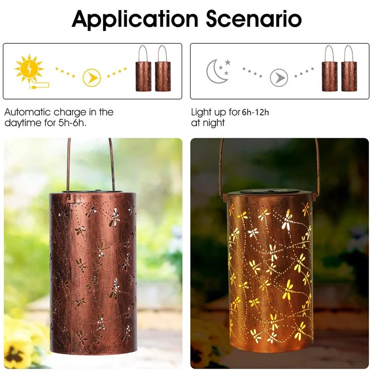Dragonfly Hollow Out Metal Outdoor Hanging Light Decorative Garden Solar Lantern, Size L