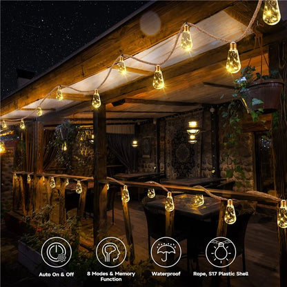 Waterproof Garden Lamp Hemp Rope Solar Patio Light with 16 Shatterproof Bulbs