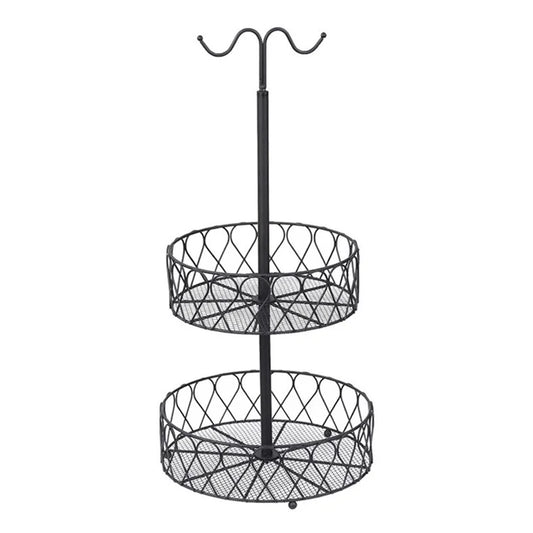 001-ZJG-LC02 Fruit Storage Rack Iron Basket Double-layer Snack Fruit Plate with Banana Hanging Rod (BPA-free, No FDA Certification)