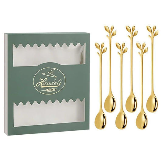 6PCS / Set Stainless Steel Gold Leaf Coffee Spoon 16.4cm Ice-Cream Tea Stirring Spoons for Tea, Coffee