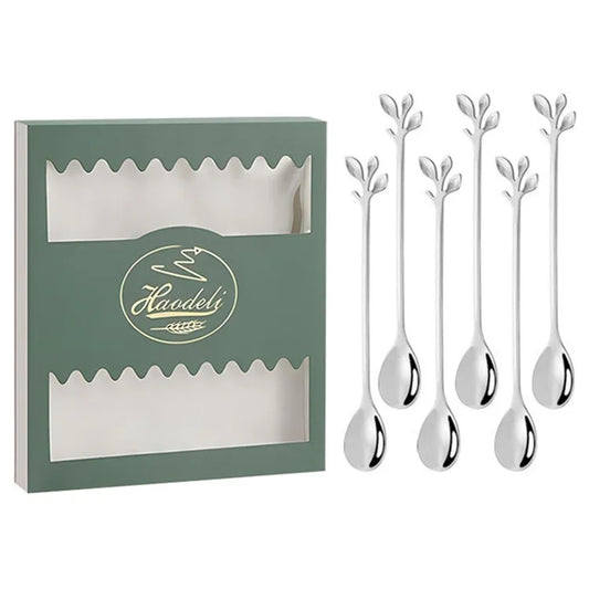 6PCS / Set Stainless Steel Leaf Shape Silver Dessert Spoons for Coffee Ice Cream Cake Teaspoon Set