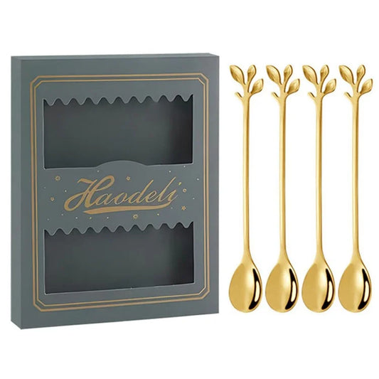 4PCS / Set 16.4 cm Stainless Steel Leaf Coffee Spoons Tableware Dessert Spoons for Stirring, Mixing, Stirring