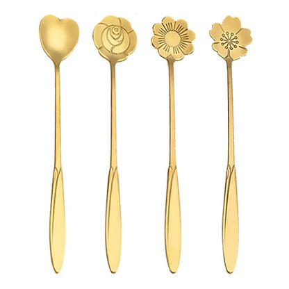 4PCS / Set 17.6-17.8cm Stainless Steel Flower Shape Spoons Tableware Teaspoon Dessert Coffee Spoon for Mixing Stirring