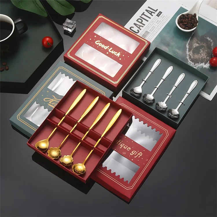 4PCS / Set 17.6-17.8cm Stainless Steel Flower Shape Spoons Tableware Teaspoon Dessert Coffee Spoon for Mixing Stirring