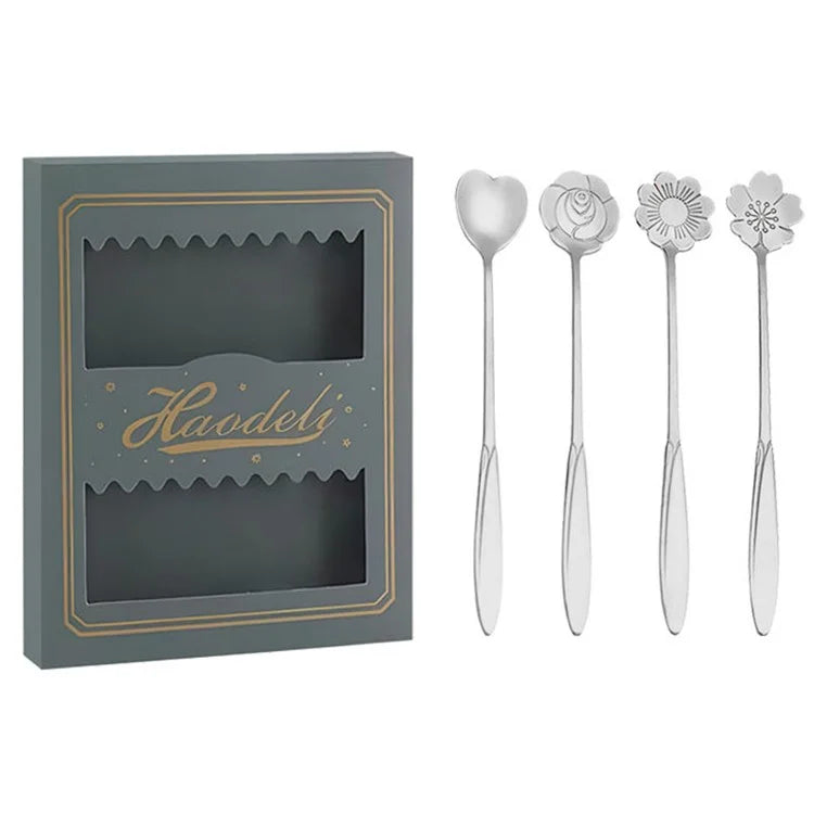 4PCS / Set 17.6-17.8cm Stainless Steel Flower Shape Spoons Tableware Teaspoon Dessert Coffee Spoon for Mixing Stirring