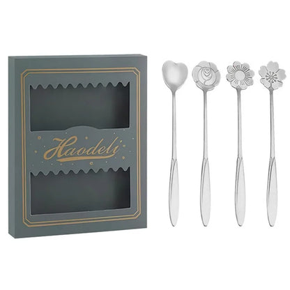 4PCS / Set 17.6-17.8cm Stainless Steel Flower Shape Spoons Tableware Teaspoon Dessert Coffee Spoon for Mixing Stirring