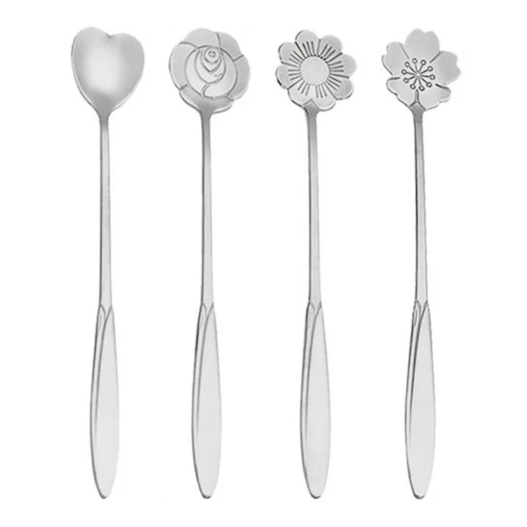 4PCS / Set 17.6-17.8cm Stainless Steel Flower Shape Spoons Tableware Teaspoon Dessert Coffee Spoon for Mixing Stirring