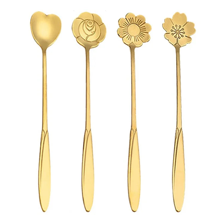4PCS / Set 17.6-17.8cm Stainless Steel Flower Shape Spoons Tableware Teaspoon Dessert Coffee Spoon for Mixing Stirring