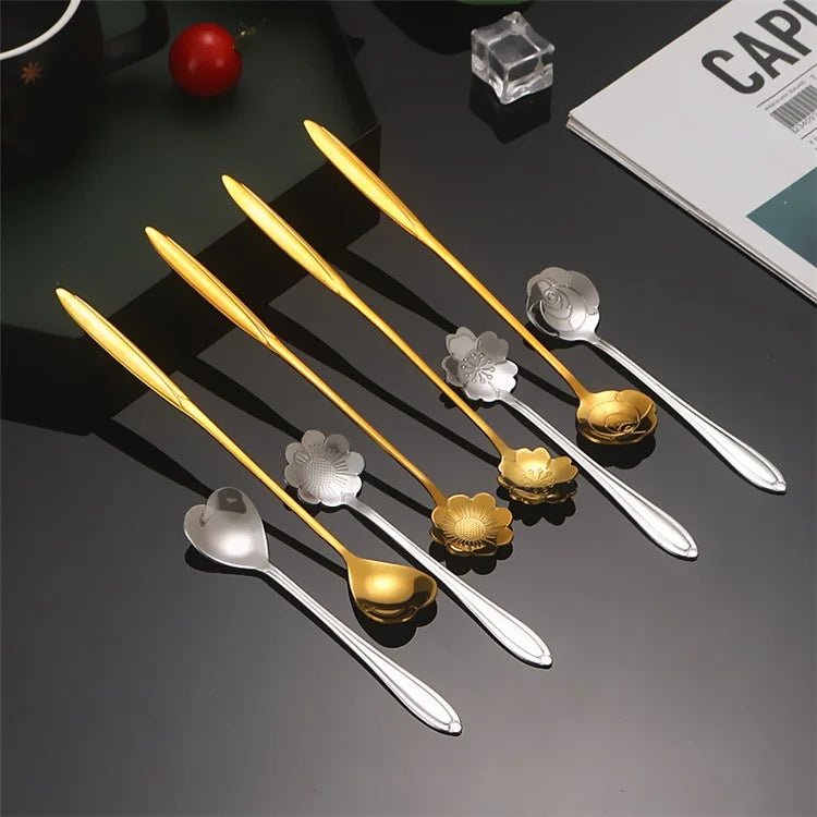 4PCS / Set 17.6-17.8cm Stainless Steel Flower Shape Spoons Tableware Teaspoon Dessert Coffee Spoon for Mixing Stirring