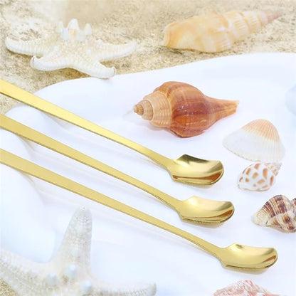 3Pcs 13.2cm Stainless Steel Square Head Stirring Spoon Long Handle Dessert Spoon, Gold (BPA Free, No FDA)