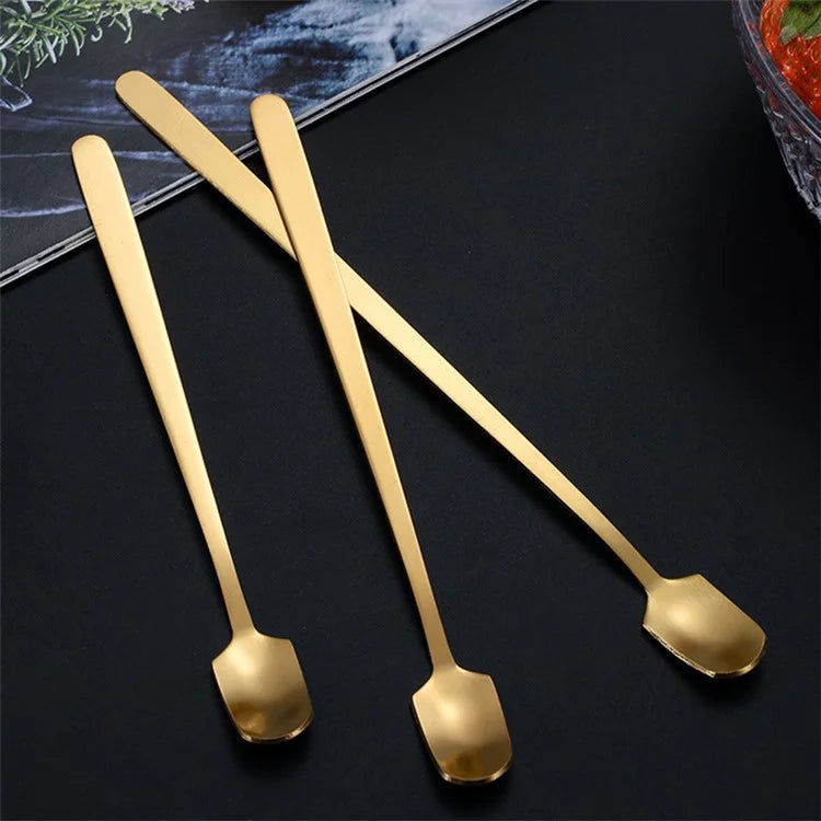 3Pcs 13.2cm Stainless Steel Square Head Stirring Spoon Long Handle Dessert Spoon, Gold (BPA Free, No FDA)