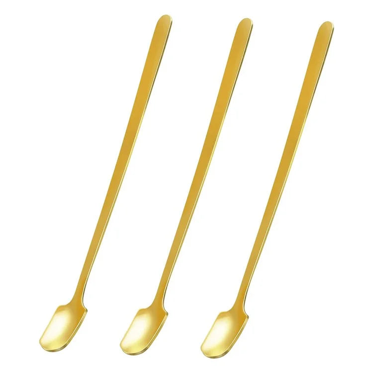 3Pcs 16.8cm Square Head Stirring Spoon Long Handle Stainless Steel Dessert Spoon, Gold (BPA Free, No FDA)