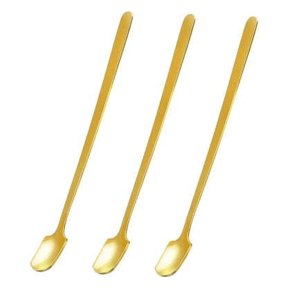 3Pcs 16.8cm Square Head Stirring Spoon Long Handle Stainless Steel Dessert Spoon, Gold (BPA Free, No FDA)