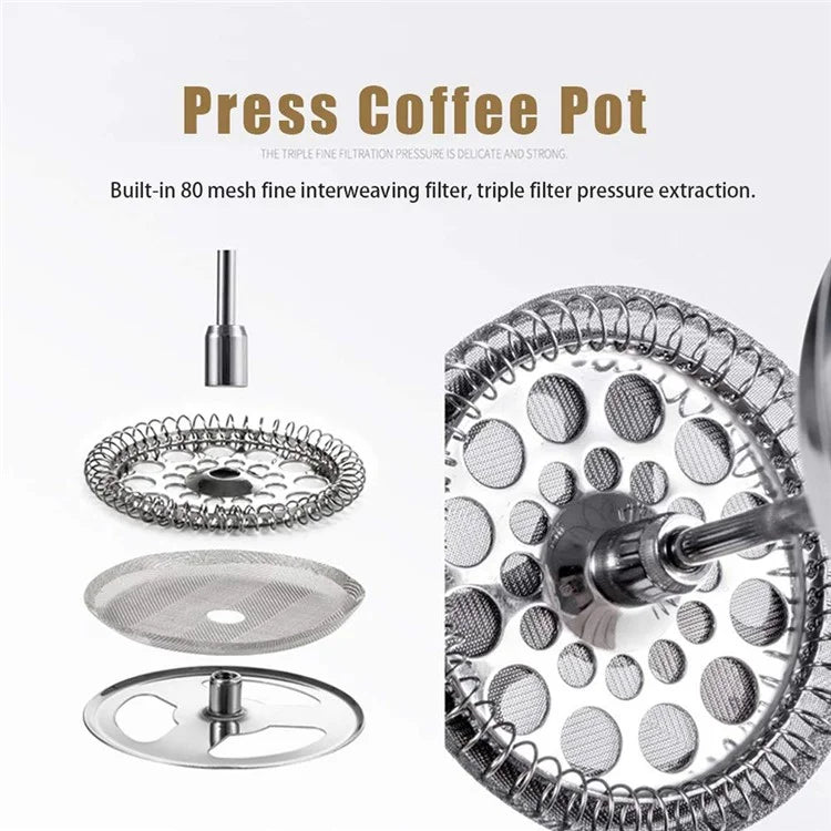 1000ml French Press Coffee Maker Stainless Steel Double Walled Insulated Coffee Pot (BPA Free, No FDA) - Steel Color