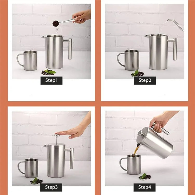 1000ml French Press Coffee Maker Stainless Steel Double Walled Insulated Coffee Pot (BPA Free, No FDA) - Steel Color