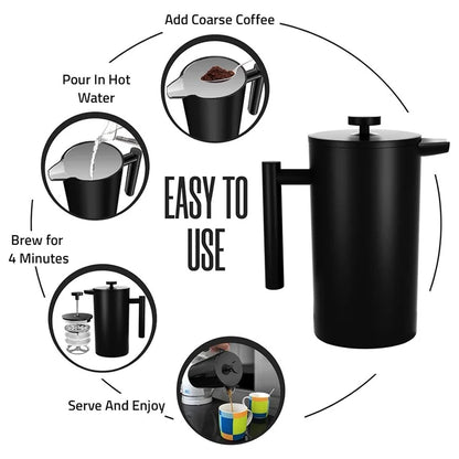 800ml French Press Coffee Maker Stainless Steel Double Walled Insulated Coffee Pot (BPA Free, No FDA) - Black