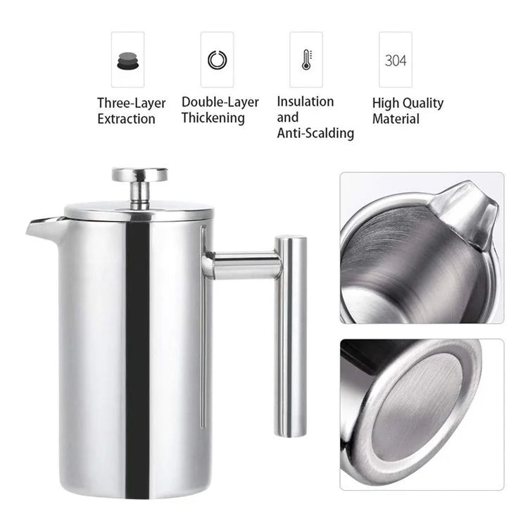 800ml French Press Coffee Maker Stainless Steel Double Walled Insulated Coffee Pot (BPA Free, No FDA) - Steel Color