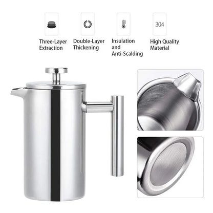 800ml French Press Coffee Maker Stainless Steel Double Walled Insulated Coffee Pot (BPA Free, No FDA) - Steel Color