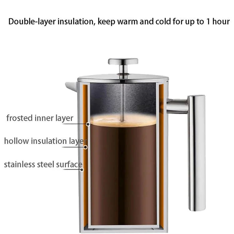 800ml French Press Coffee Maker Stainless Steel Double Walled Insulated Coffee Pot (BPA Free, No FDA) - Steel Color