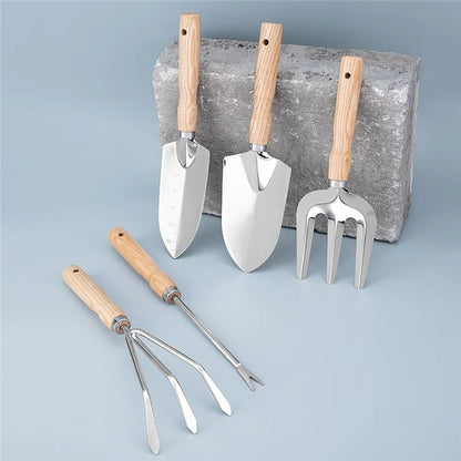 5Pcs Stainless Steel Gardening Tool Wooden Handle Fork Shovel Rake Set