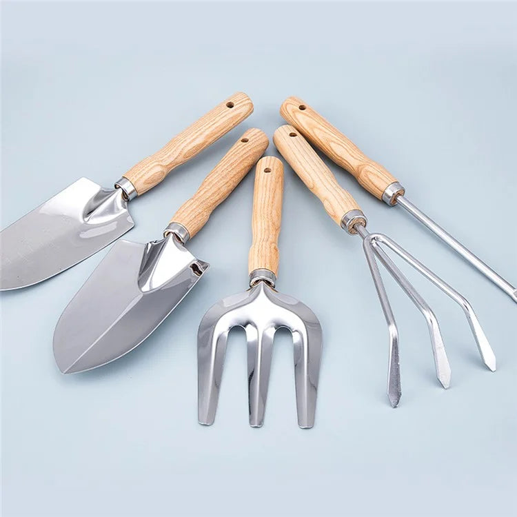 5Pcs Stainless Steel Gardening Tool Wooden Handle Fork Shovel Rake Set