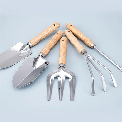5Pcs Stainless Steel Gardening Tool Wooden Handle Fork Shovel Rake Set