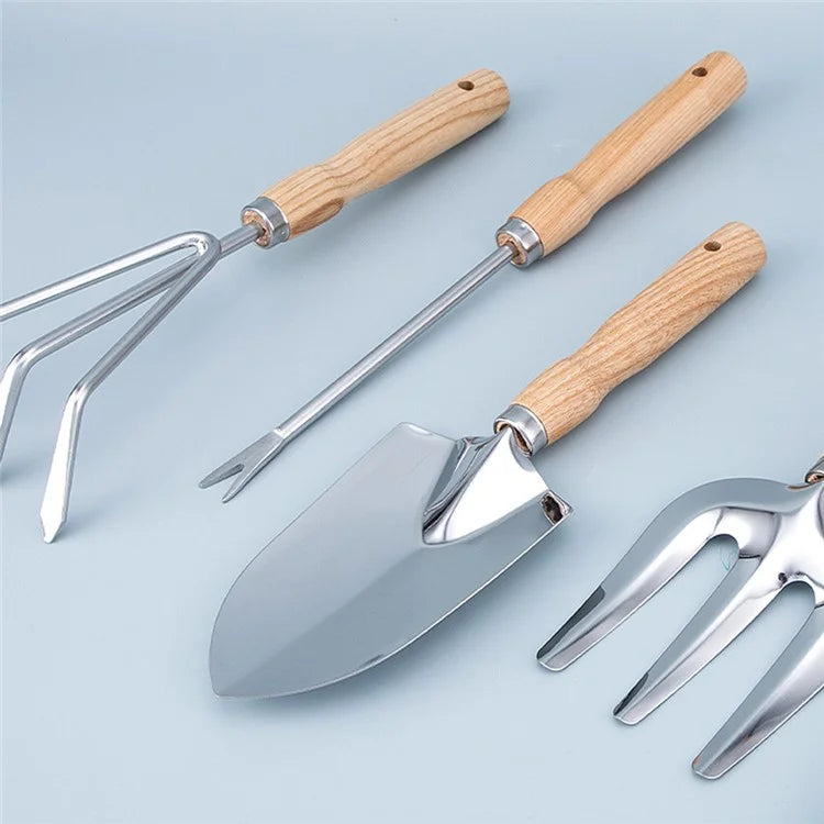 5Pcs Stainless Steel Gardening Tool Wooden Handle Fork Shovel Rake Set