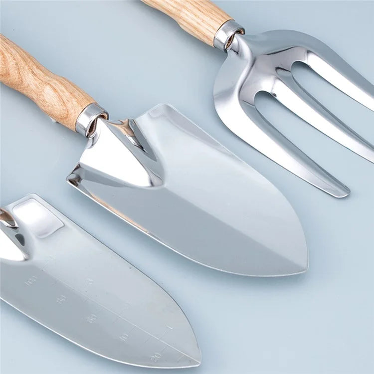 5Pcs Stainless Steel Gardening Tool Wooden Handle Fork Shovel Rake Set