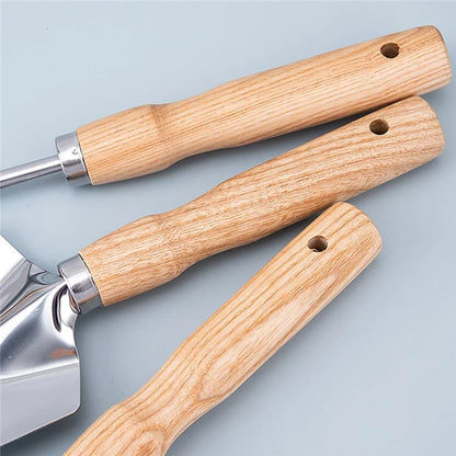 5Pcs Stainless Steel Gardening Tool Wooden Handle Fork Shovel Rake Set