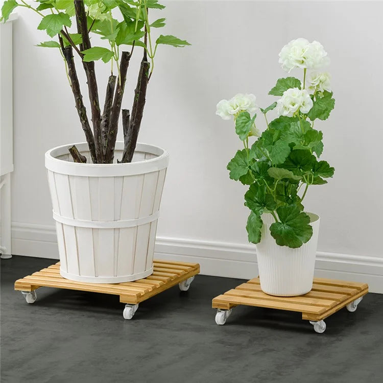 GLTPNZHJ 30x30cm Square Flower Pot Holder Tray with Wheels Bamboo Roller Base, Size L