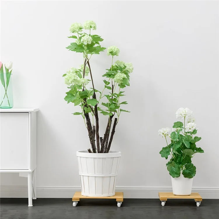 GLTPNZHJ 30x30cm Square Flower Pot Holder Tray with Wheels Bamboo Roller Base, Size L