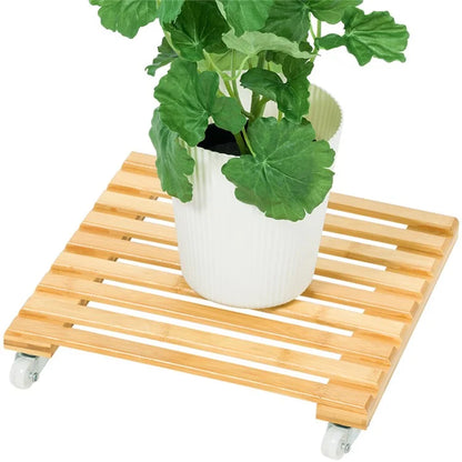 GLTPNZHJ 25x25cm Square Flower Pot Holder Tray with Wheels Bamboo Roller Base, Size S