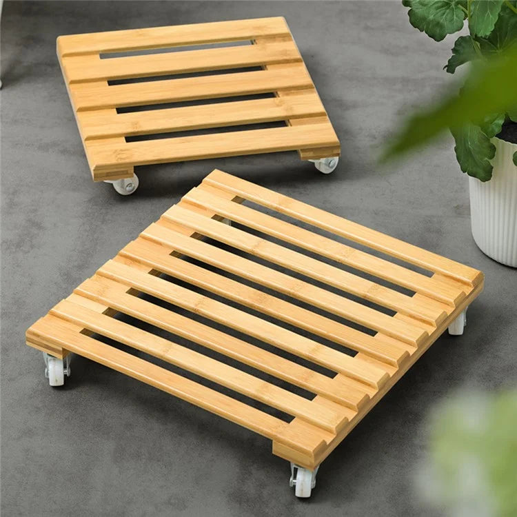 GLTPNZHJ 25x25cm Square Flower Pot Holder Tray with Wheels Bamboo Roller Base, Size S